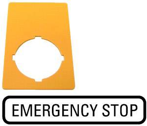 An orange sign with a circular cut-out displays the inscription 'Emergency Stop', indicating an emergency stop button.