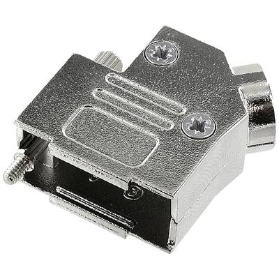 Metal housing for D-sub plugs, angled, with mounting screws, serves as a protective cover for electrical connections.