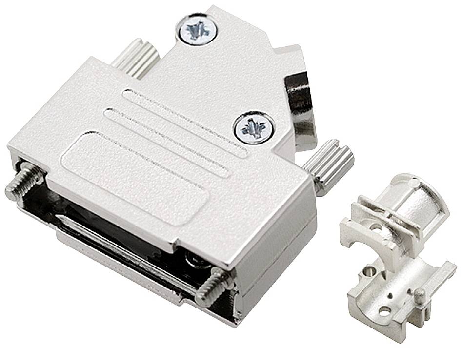 Metal housing for D-Sub connector, silver, with screws for secure mounting and a removable cable clamp.
