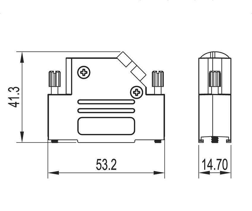 Technical drawing of a component with dimensions: 41.3 mm height, 53.2 mm width, 14.7 mm depth. Front and side views illustrated.