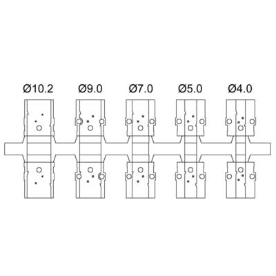 Technical drawing with five holes of different diameters: Ø10.2, Ø9.0, Ø7.0, Ø5.0, Ø4.0, arranged in a row.