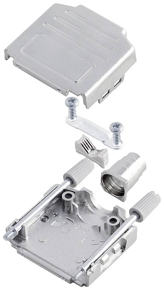 Exploded diagram of a D-Sub connector set. Showing upper housing, lower housing, cable retainer, screws, and plug.