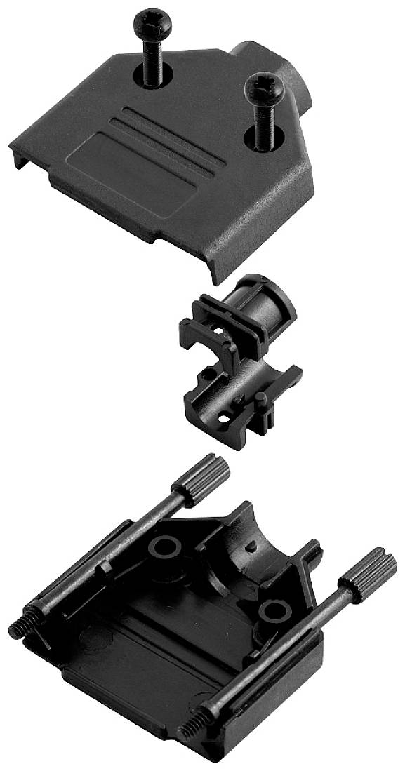 Pictured is a disassembled black adapter with mounting screws. The adapter consists of three main parts hovering one above the other.