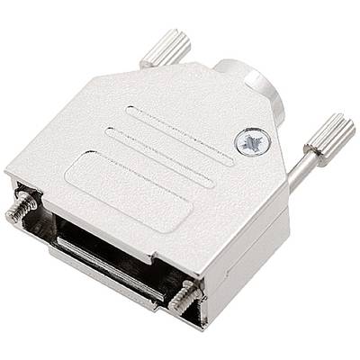 A silver, rectangular cable connection housing with screws and metal locks that can be mechanically opened.