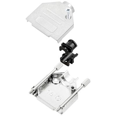 Metal enclosure set in an open state, comprising three parts: upper housing section, middle plastic section, and lower housing section.