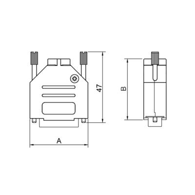 Technical drawing of a connector, front and side views. Dimensions A and B are marked with arrows.