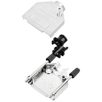 Metallic connector in individual components: upper housing, plastic insert, lower housing with screw. For electrical applications.