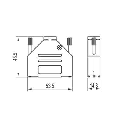 Technical drawing of a rectangular component with two dimensions: width 53.5 mm, height 48.5 mm, and depth 14.8 mm.