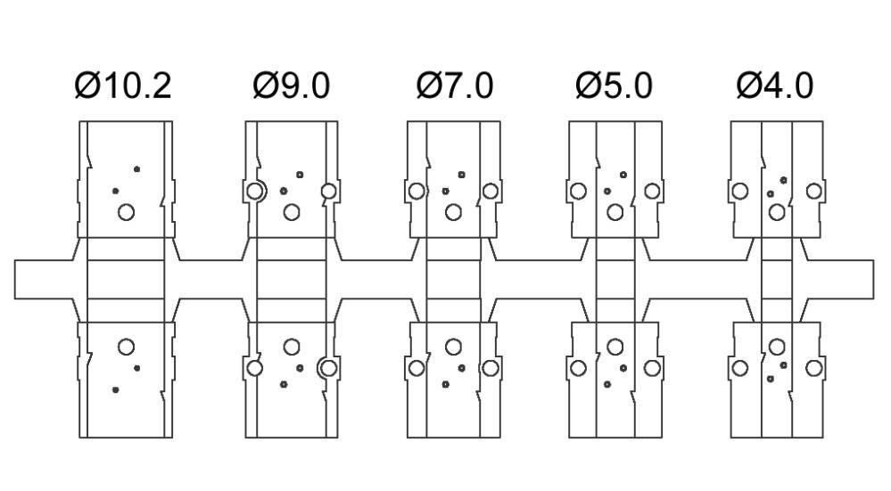Drawing with five hole sizes: Ø10.2, Ø9.0, Ø7.0, Ø5.0, Ø4.0. Sequence from left to right. Geometric structures.