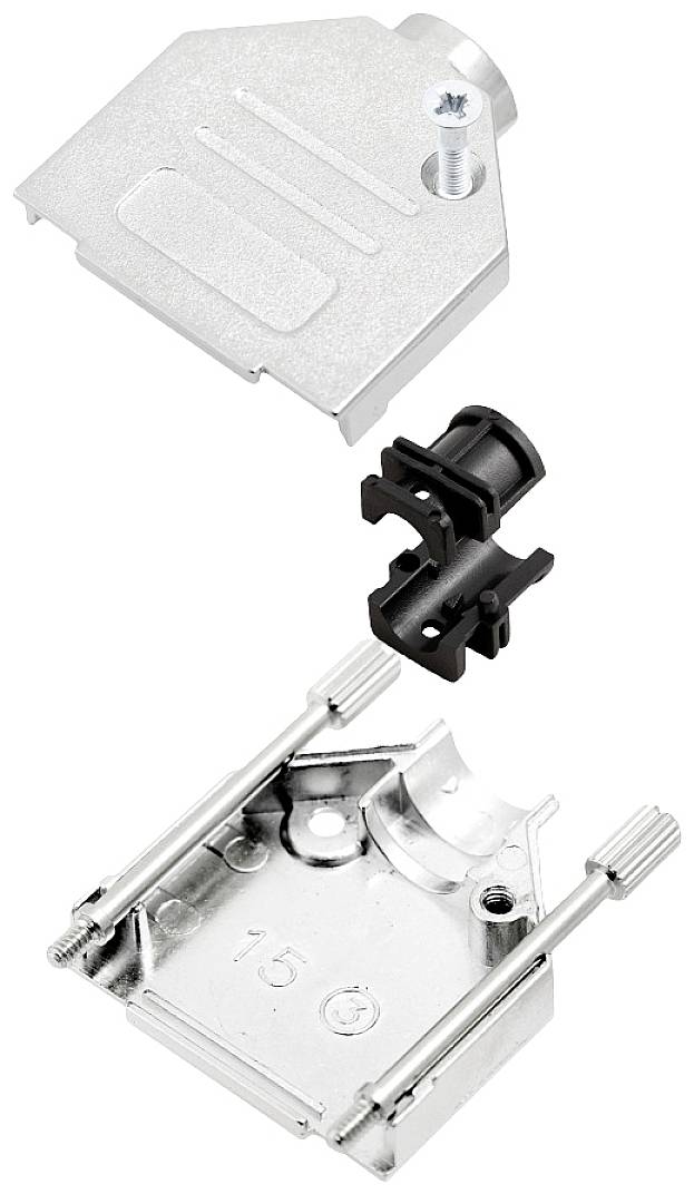 'Disassembled metal and plastic enclosure for electronic components with screw fixing and terminals.'