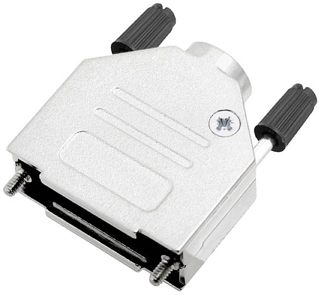 Silver Sub-D protective cover with screws and black cable connection at the top. Suitable for protecting connector interfaces.