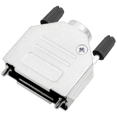 Silver Sub-D protective cover with screws and black cable connection at the top. Suitable for protecting connector interfaces.