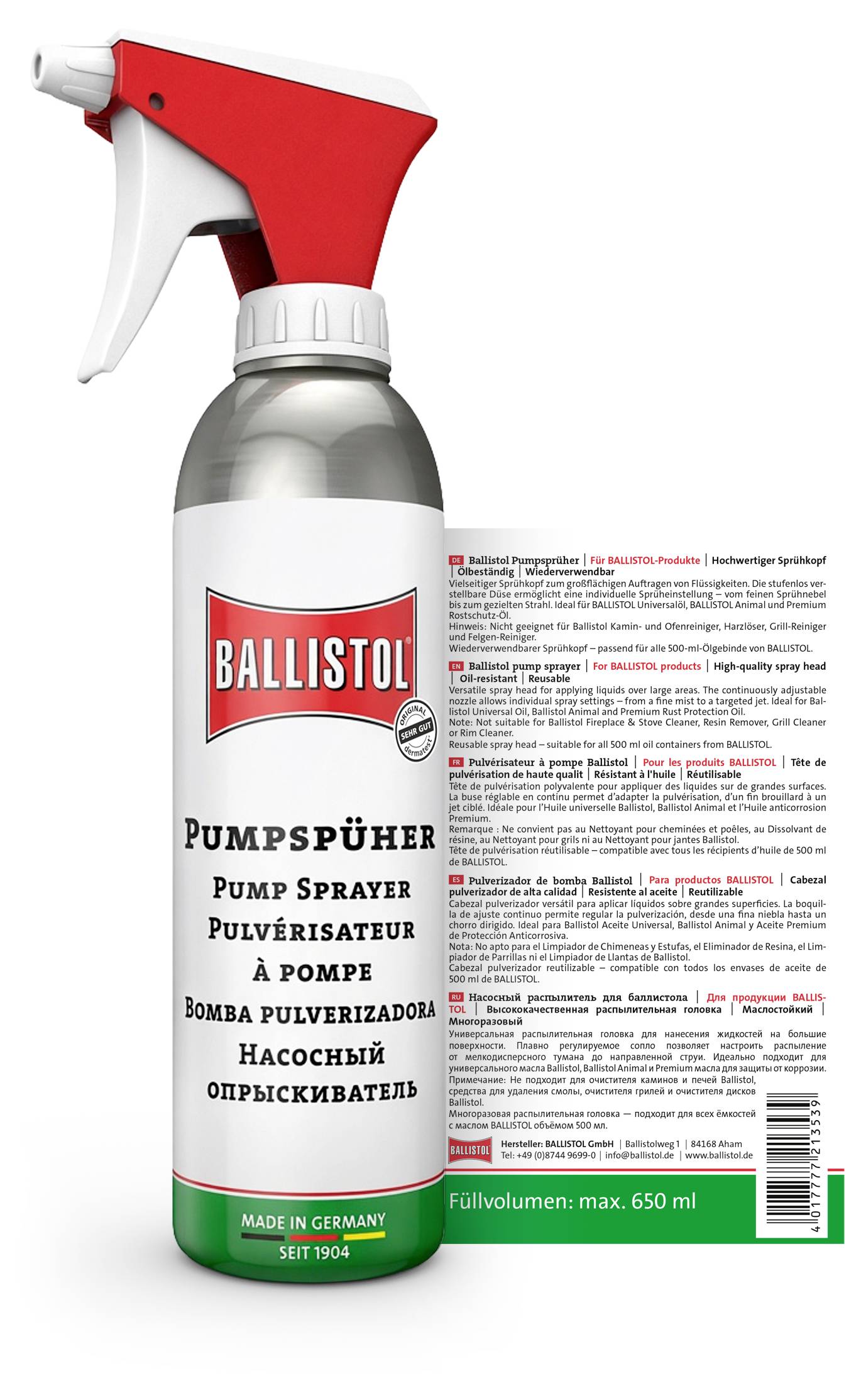 Ballistol pump spray bottle with red-and-white trigger top and multilingual product label reading 'Pumpsprüher', 'Pump sprayer', and 'Full volume: max. 650 ml'.