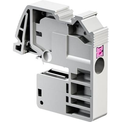 A grey electrical terminal block with a pink side-mounted activation element, revealing internal wiring structures.