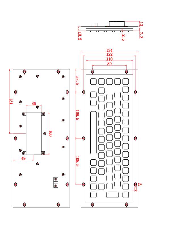 Technical drawing of a component with dimensions in millimetres. Front view shows a rectangular shape with numerous square recesses and a handle. Side view shows thickness and mounting points.