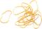 A heap of orange rubber bands lies on a white surface. A single rubber band is placed separately beside it.