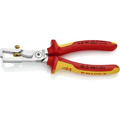 A red and yellow cable cutter with insulated handles, suitable for work up to 1000V, manufactured in Germany.