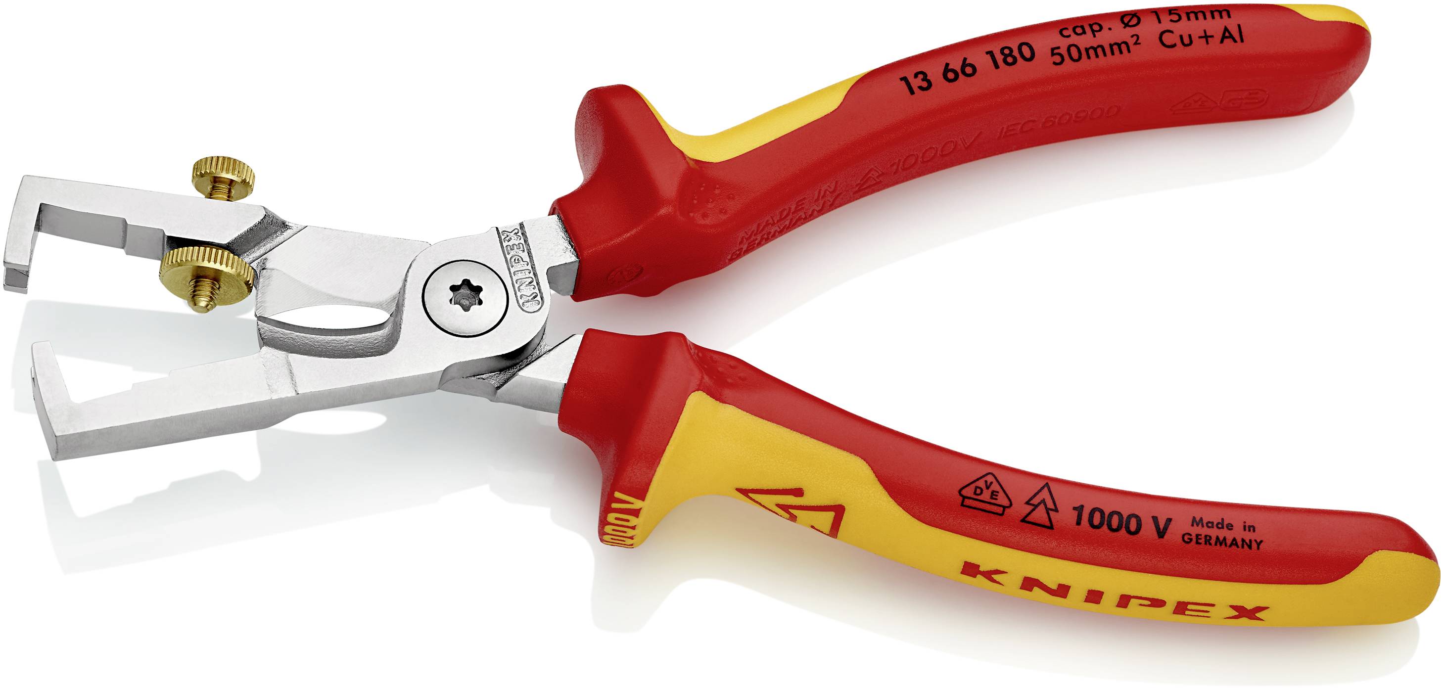 A red and yellow multi-grip pliers, suitable for work up to 1000V, with insulated handles and a metal adjustment screw at the top.
