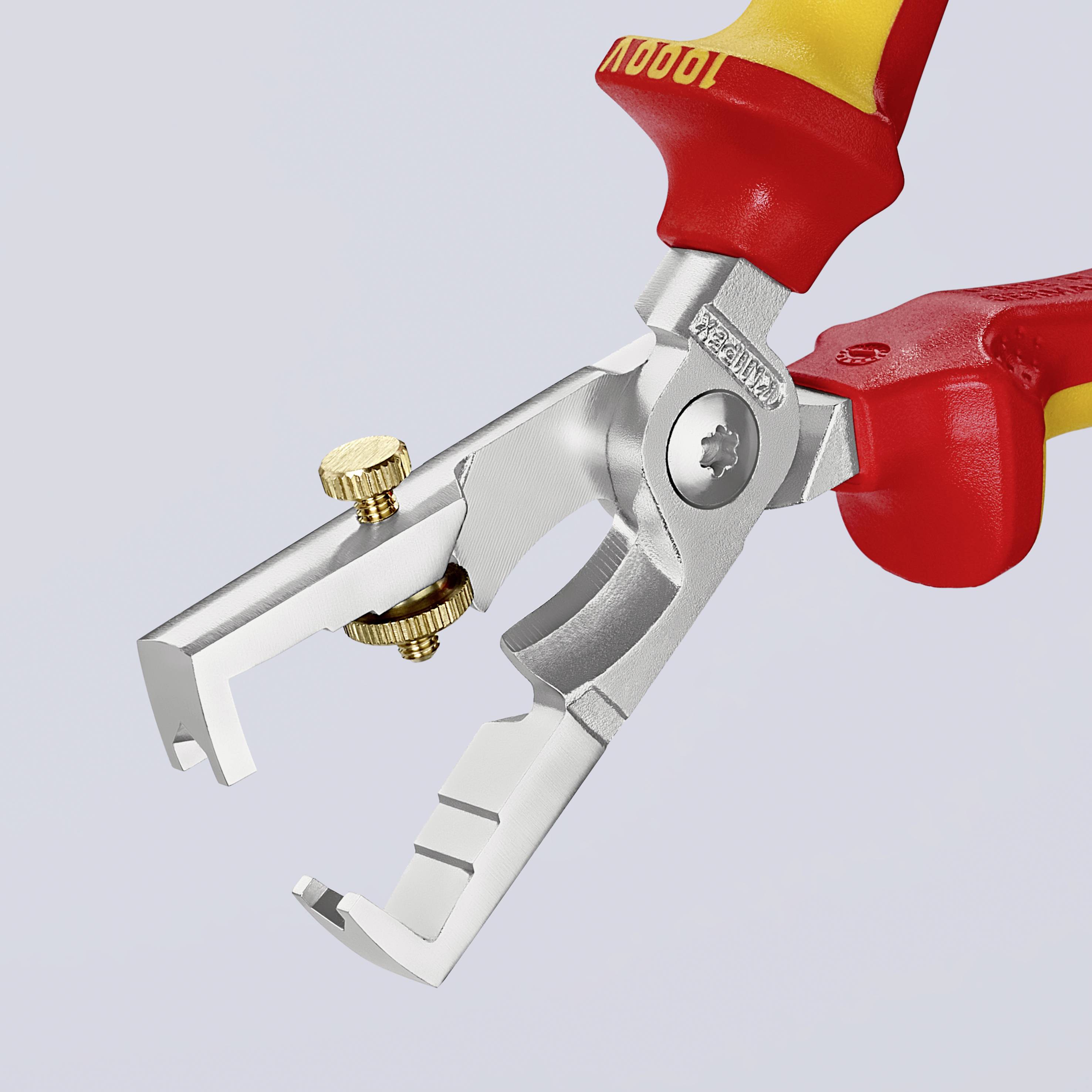 Insulated combination pliers with red and yellow handles, open jaws with cutting edge. Suitable for electrical work and precision tasks.