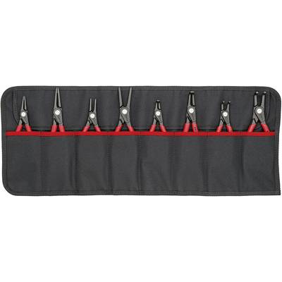 A tool set with eight red pliers in a black fabric bag.
