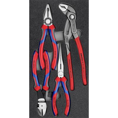 Four different pliers in a black foam insert. Each plier has red and blue handles and serves specific functions.