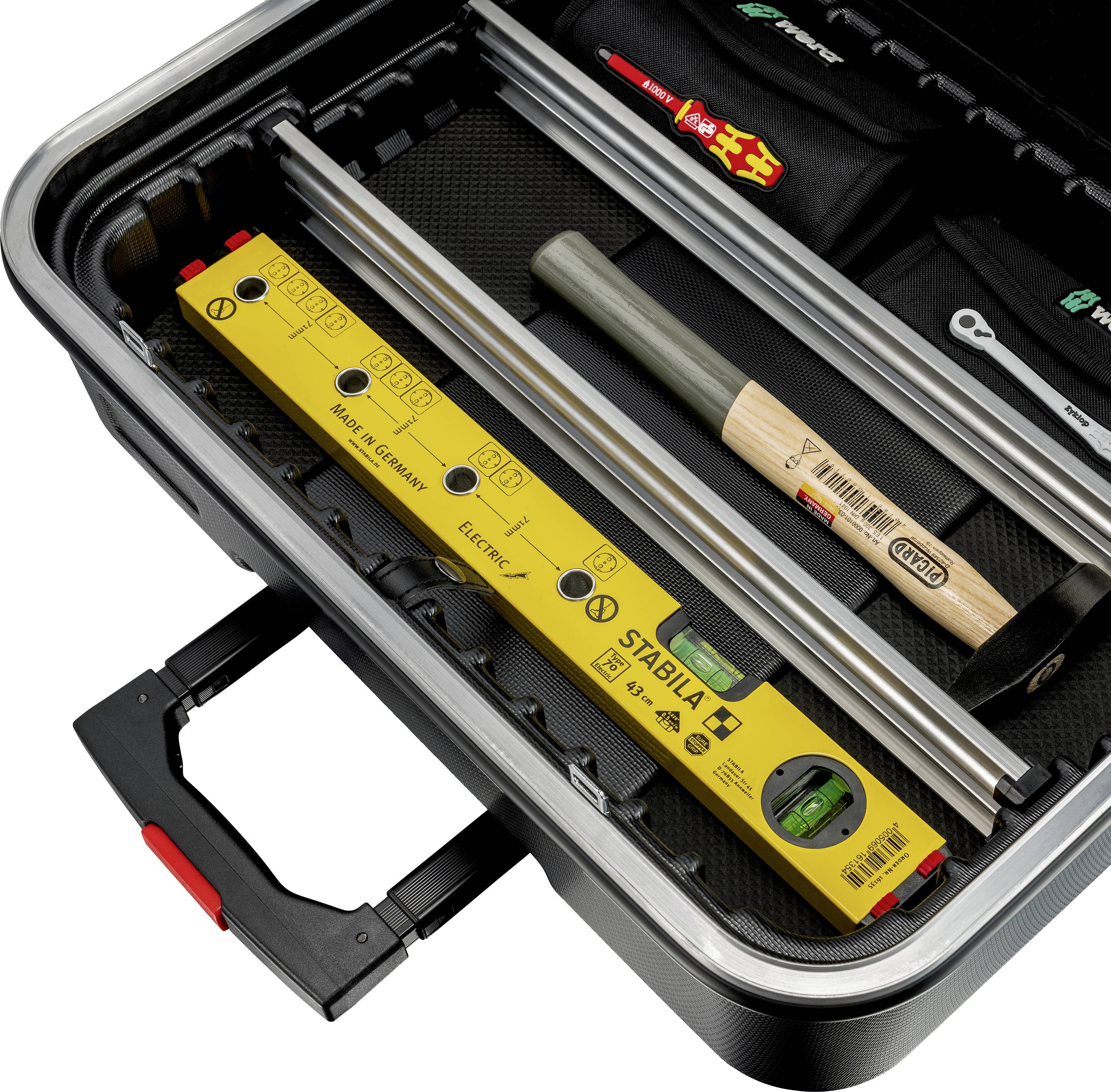 Opened toolbox with various tools, including spirit level, hammer and spanners, neatly arranged.