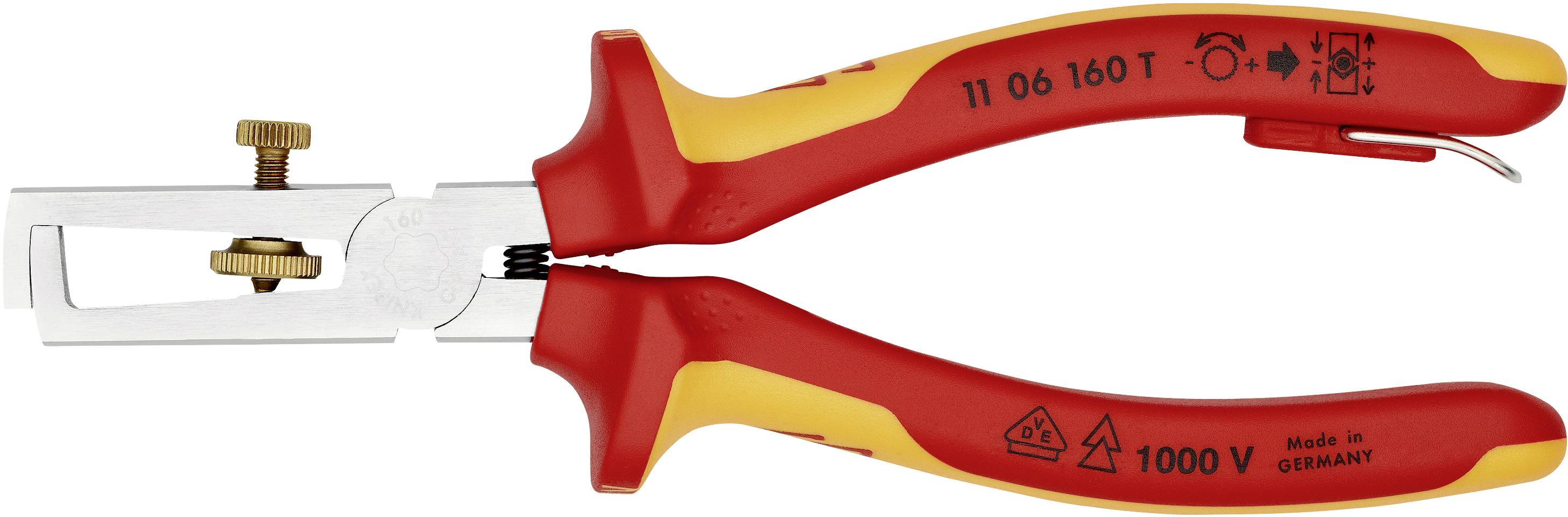 Wire strippers with red and yellow handles, insulated up to 1000 V, suitable for cable stripping. Made in Germany.
