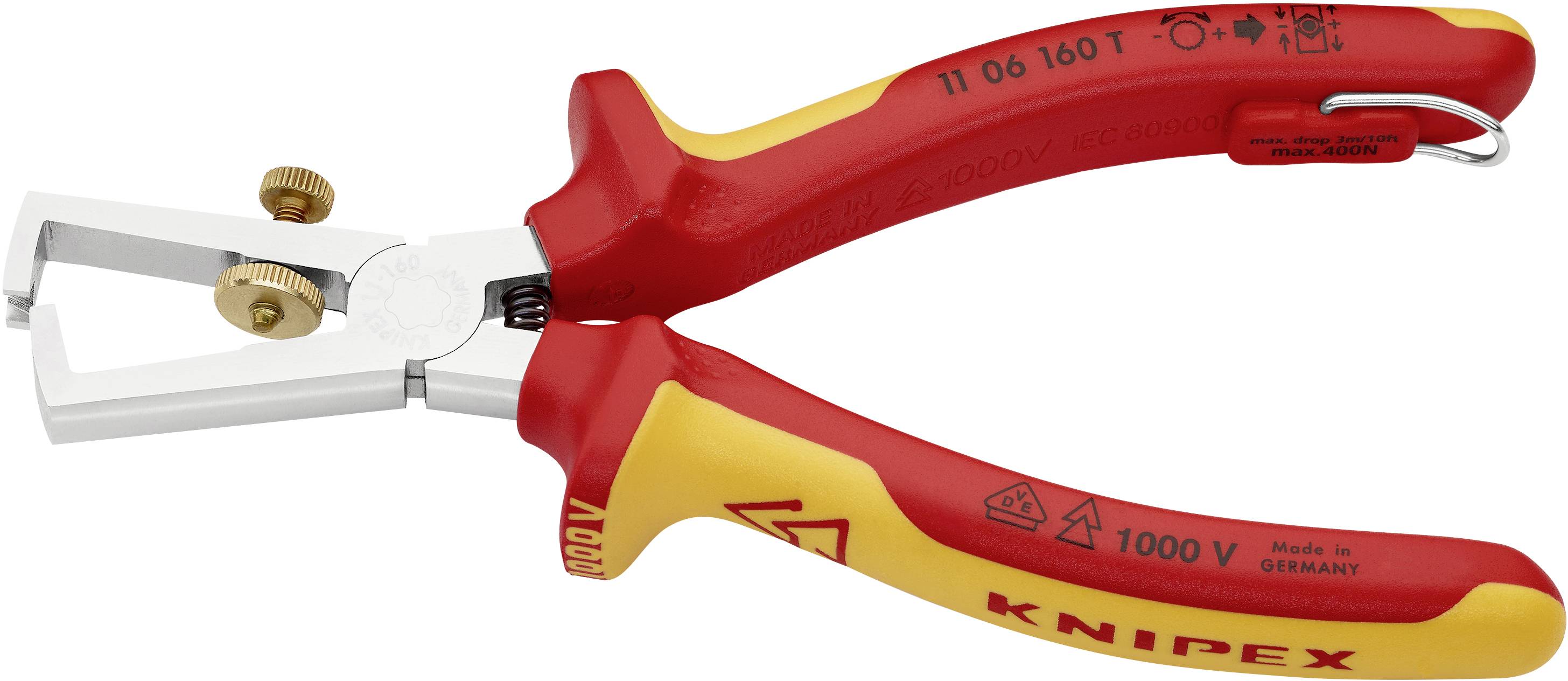 Knipex wire stripping pliers with red and yellow handle, suitable for work on electrical cables. Markings: '1000 V', 'Made in Germany'.