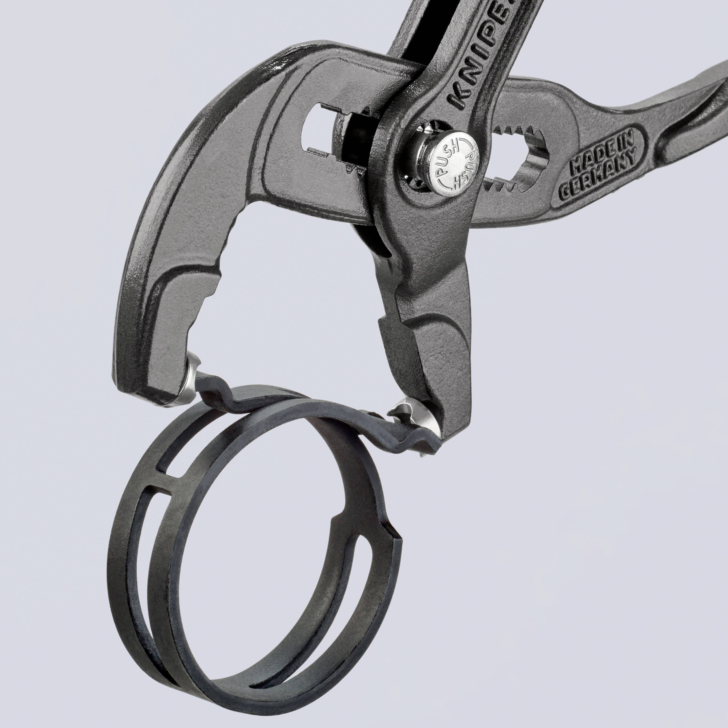 Pipe pliers with gripping mechanism and circular insert; suitable for work on pipes and round objects.