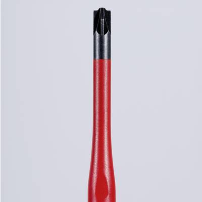 Red screwdriver with a black tip, positioned vertically, on a light background.