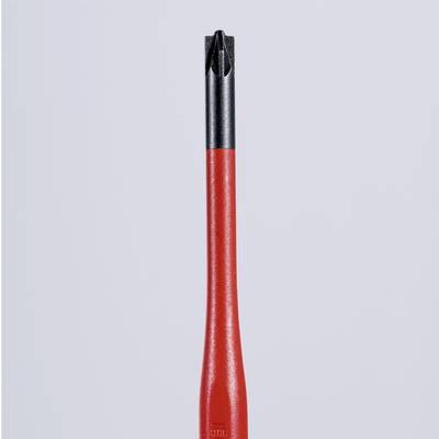 A red screwdriver with a black tip against a grey background.