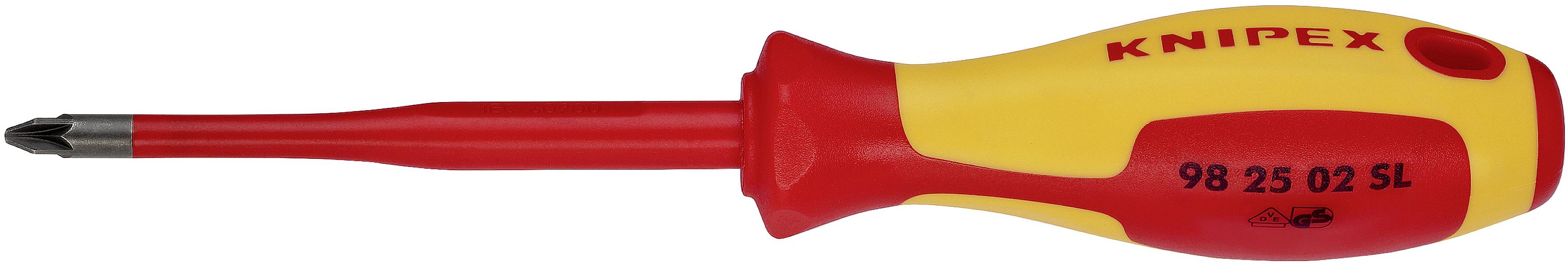 Phillips screwdriver with a red and yellow ergonomic handle, marked 'Knipex 98 25 02 SL' and a black tip.