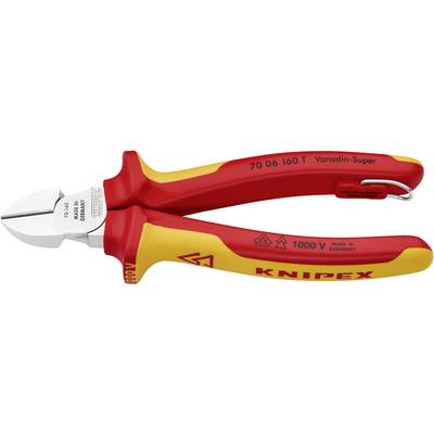 Side cutters with red and yellow insulated handle, suitable for work up to 1000 volts. Brand name and model number are visible.
