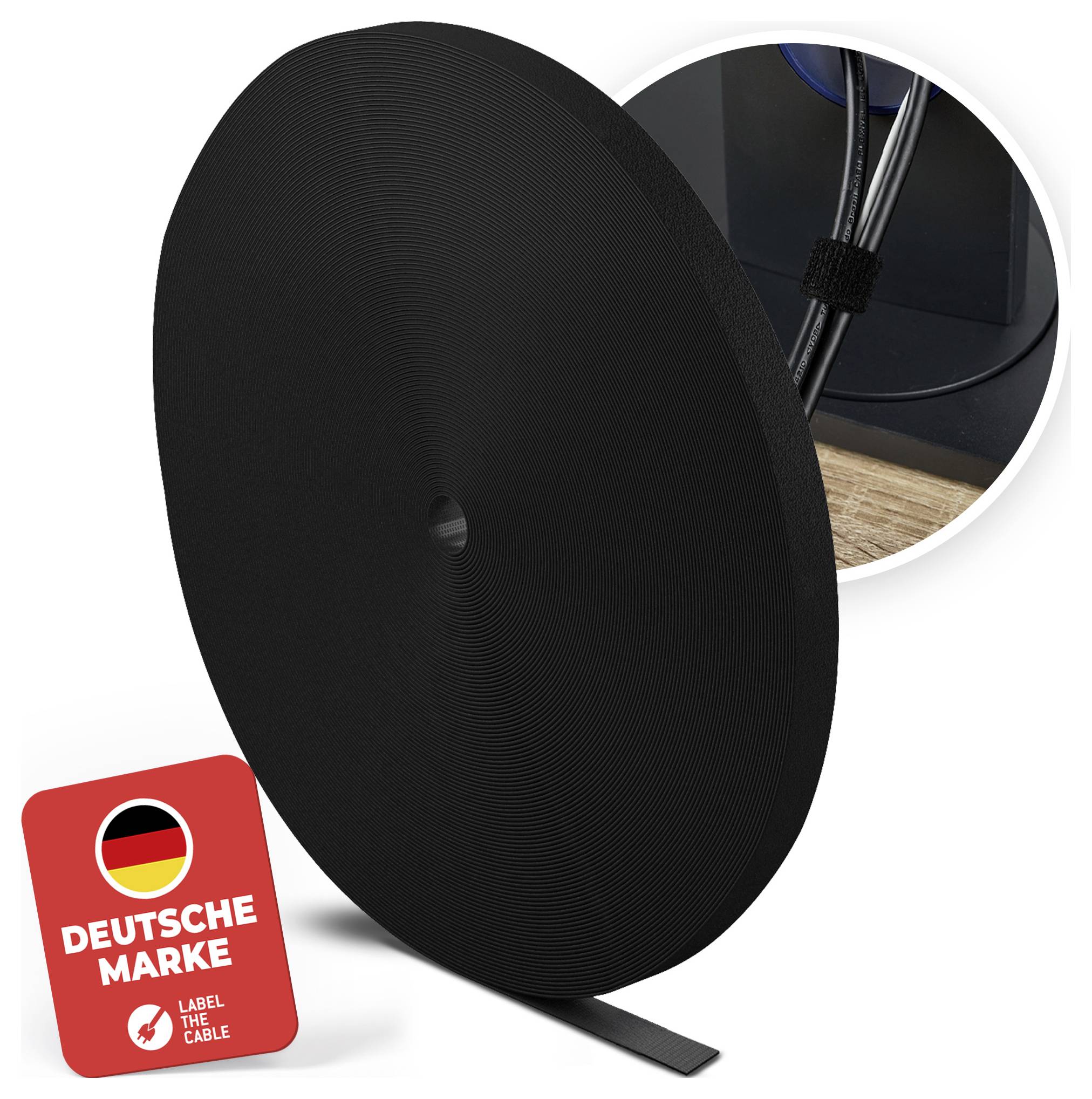 Large black cable management spool with a flat strip cable; inset shows cables behind a desk and a German 'DEUTSCHE MARKE' label.