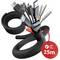 Assorted charging and data cables coiled together, with a red tag reading 'LABEL THE CABLE 25m'.