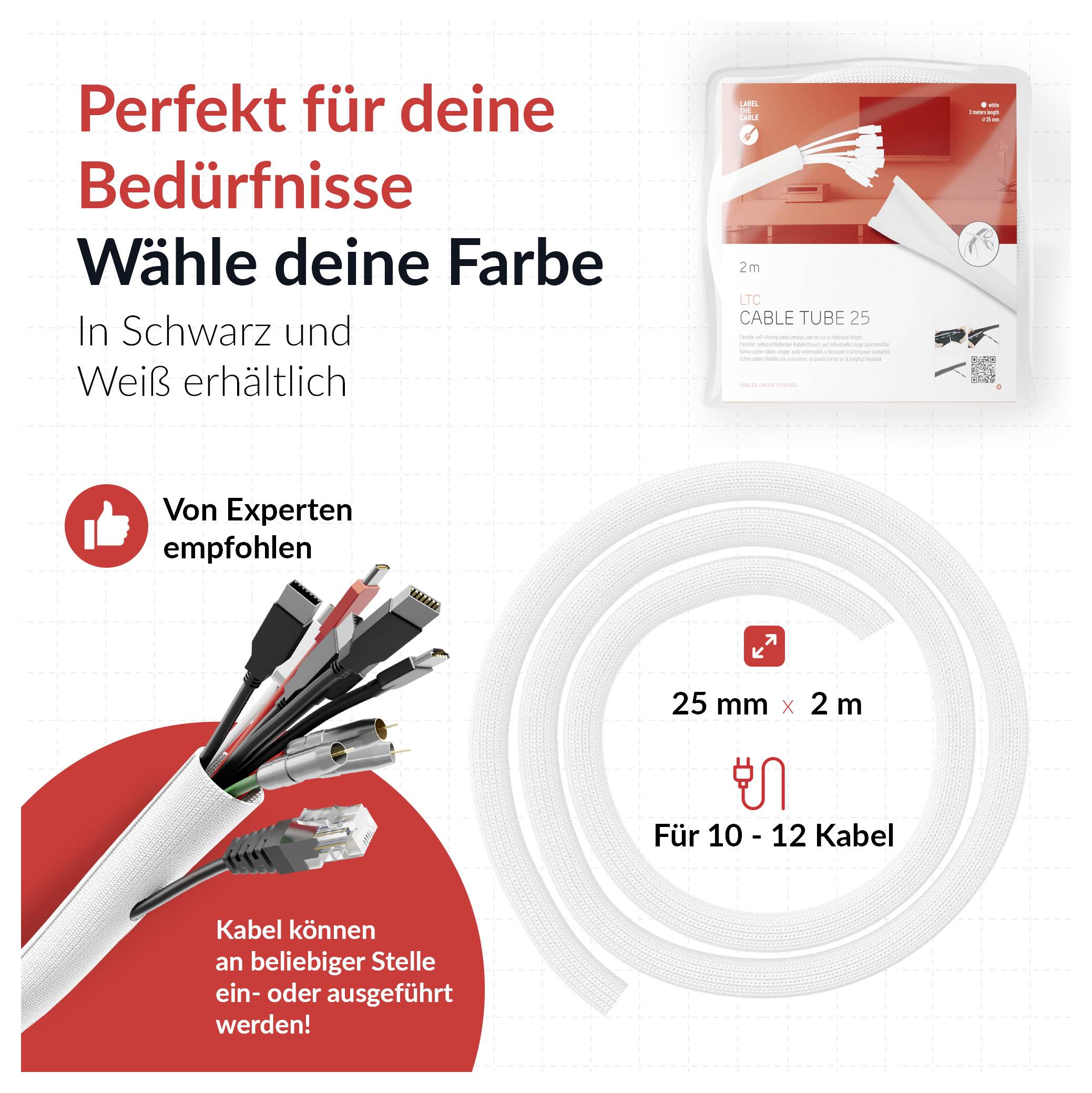 Advertisement for a cable tube: 'Perfect for your needs', choose color in black and white, expert recommended, 25 mm x 2 m for 10-12 cables.