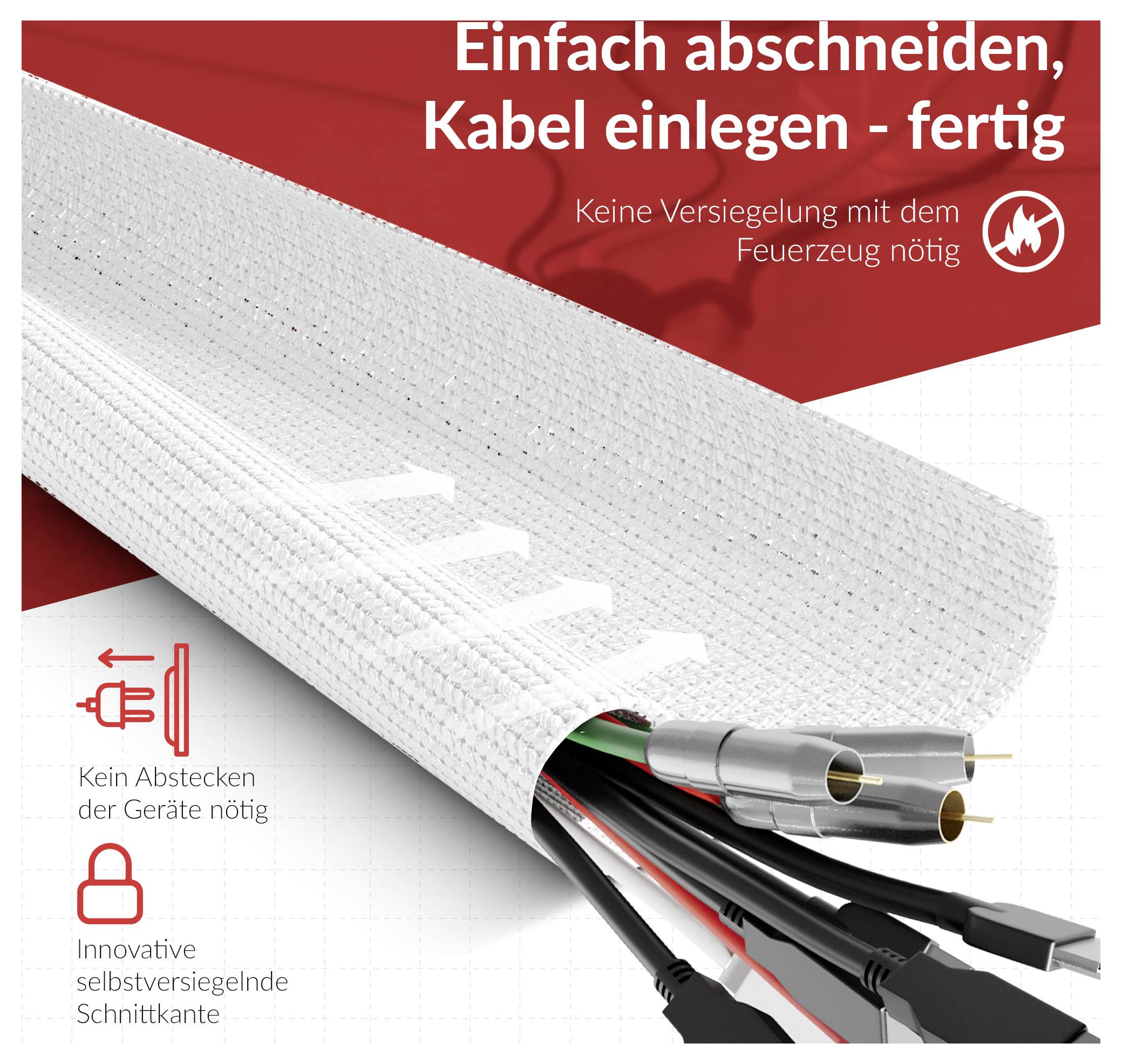German promotional graphic of a cable sleeve showing 'Einfach abschneiden, Kabel einlegen - fertig' and 'Keine Versiegelung mit dem Feuerzeug nötig'; icons note no unplugging and self-sealing cut edge.