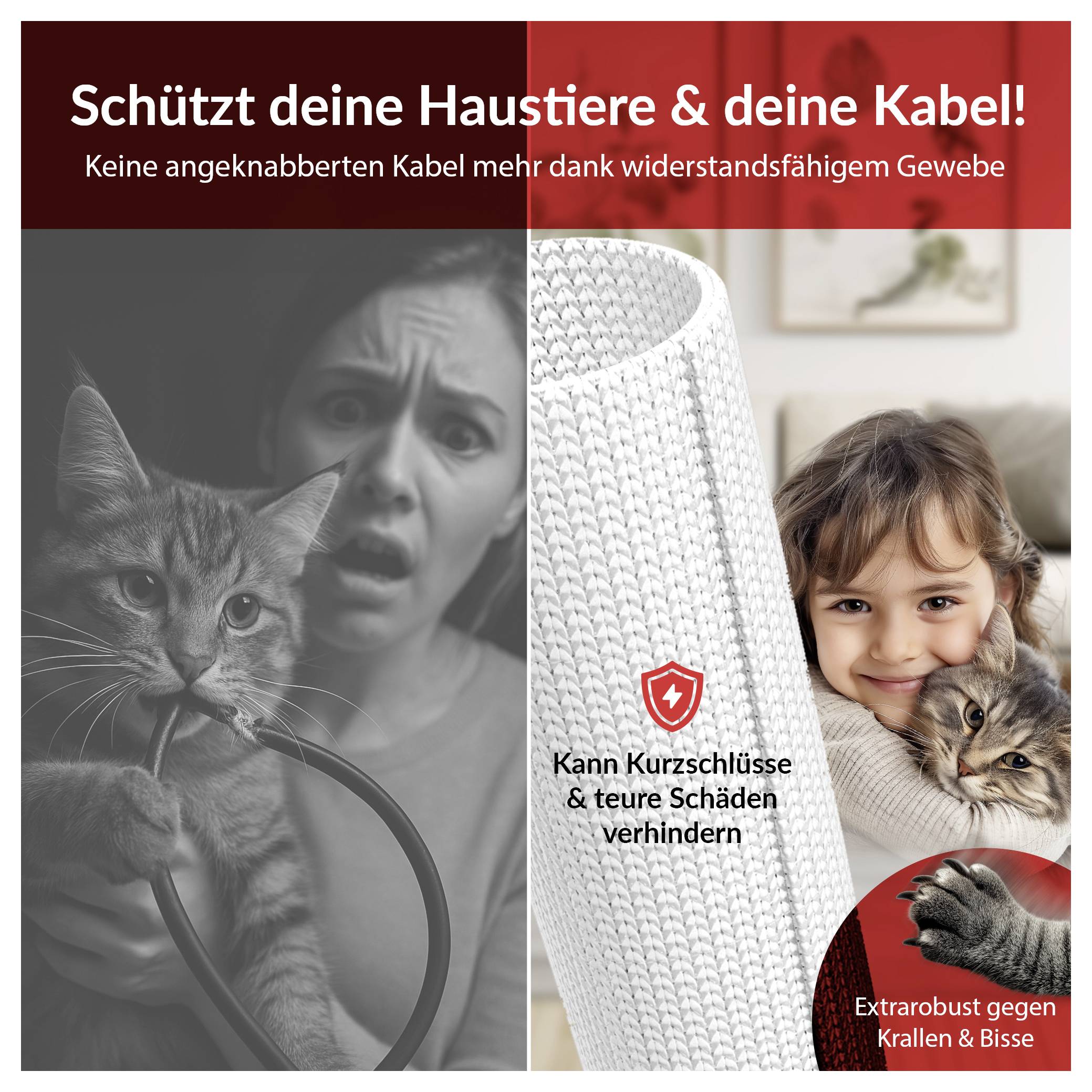 German ad promoting durable cable sleeves to protect pets and cables: a cat chewing a cable on the left, and a child with a cat beside a woven cable cover on the right.