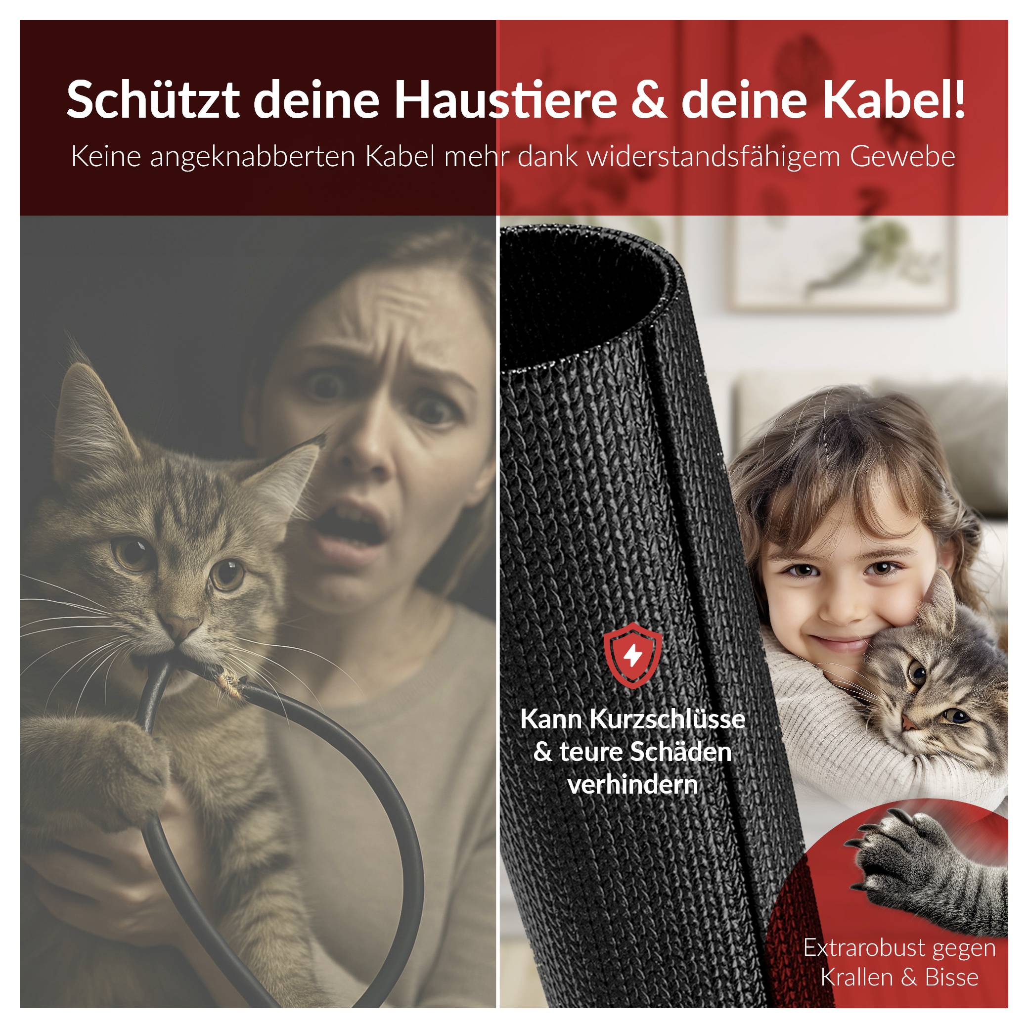 German ad promoting durable cable protection for pets: 'Schützt deine Haustiere & deine Kabel!' shows a cat chewing a cord, then a child with a cat beside a protective woven cable sleeve.<br>
