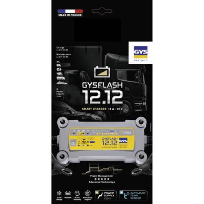 Battery Charger "GYSFLASH 12.12 Smart Charger" for 12A/12V. Suitable for cars. Features battery maintenance and charging indicator functions.