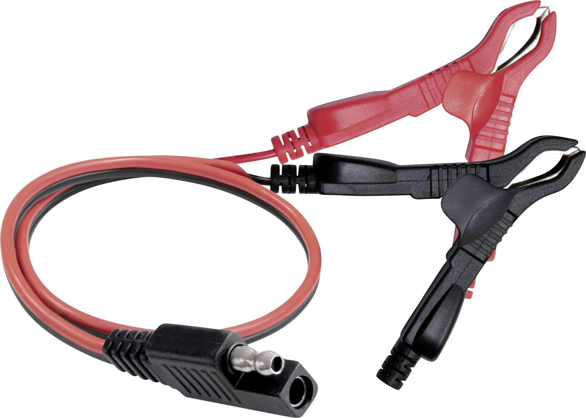 Red and black battery charging cable with crocodile clips, suitable for vehicle jump-starting or battery connection.
