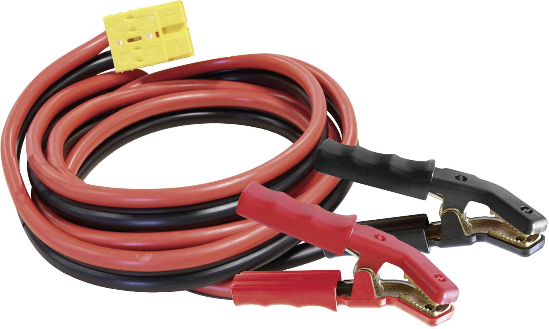 Jump leads with red and black clamps, used for jump-starting car batteries.