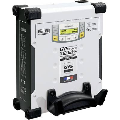 Battery charger housing with front display, buttons and connections; shows technical details and brand logo.