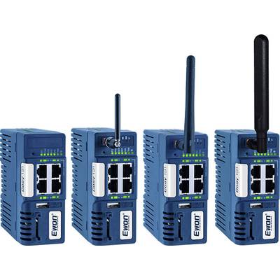 Four blue Ewon network devices side by side, each with different antennas. Every device has four Ethernet ports and green LED indicators.