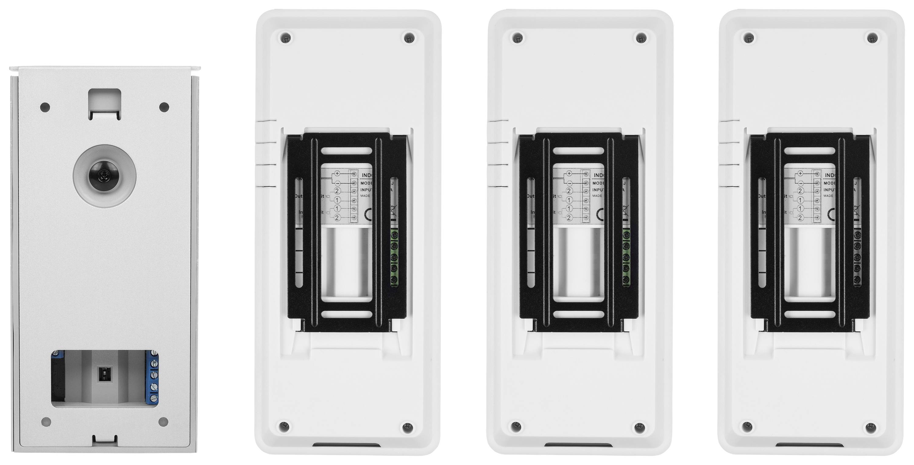 Four white, rectangular recessed wall boxes with different visible views of the internal mechanism.
