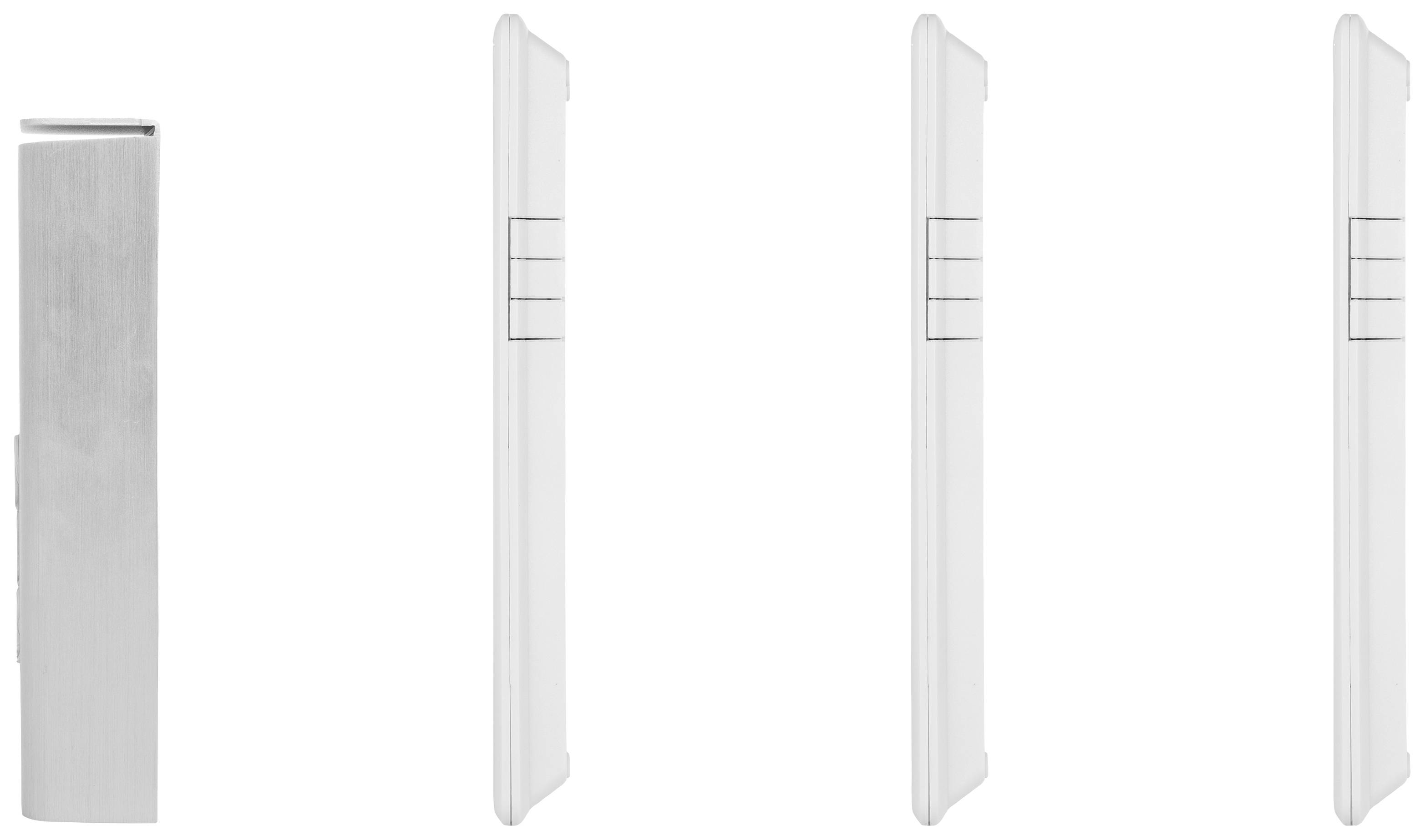 'Four slender white rectangular decorative objects with horizontal lines on one side, shown at various angles.'