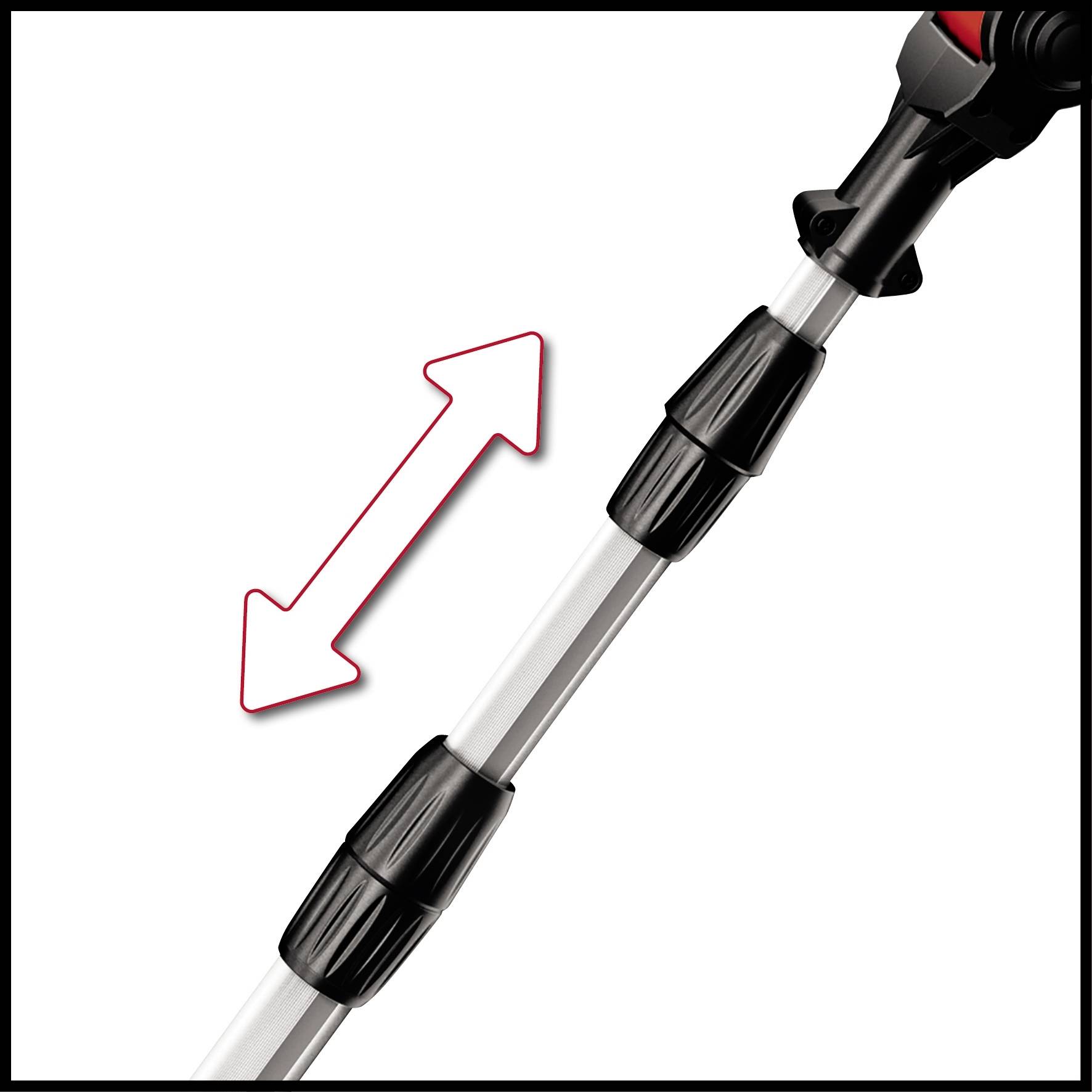 'Telescopic pole for length adjustment with three black adjustment clamps and a double arrow indicating extension and retraction.'