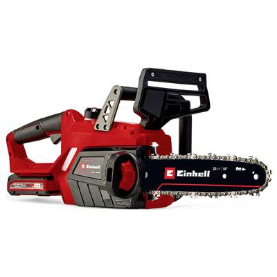A red Einhell battery-powered chainsaw on a white background, positioned sideways, shows a 25 cm guide bar and a chain guard.