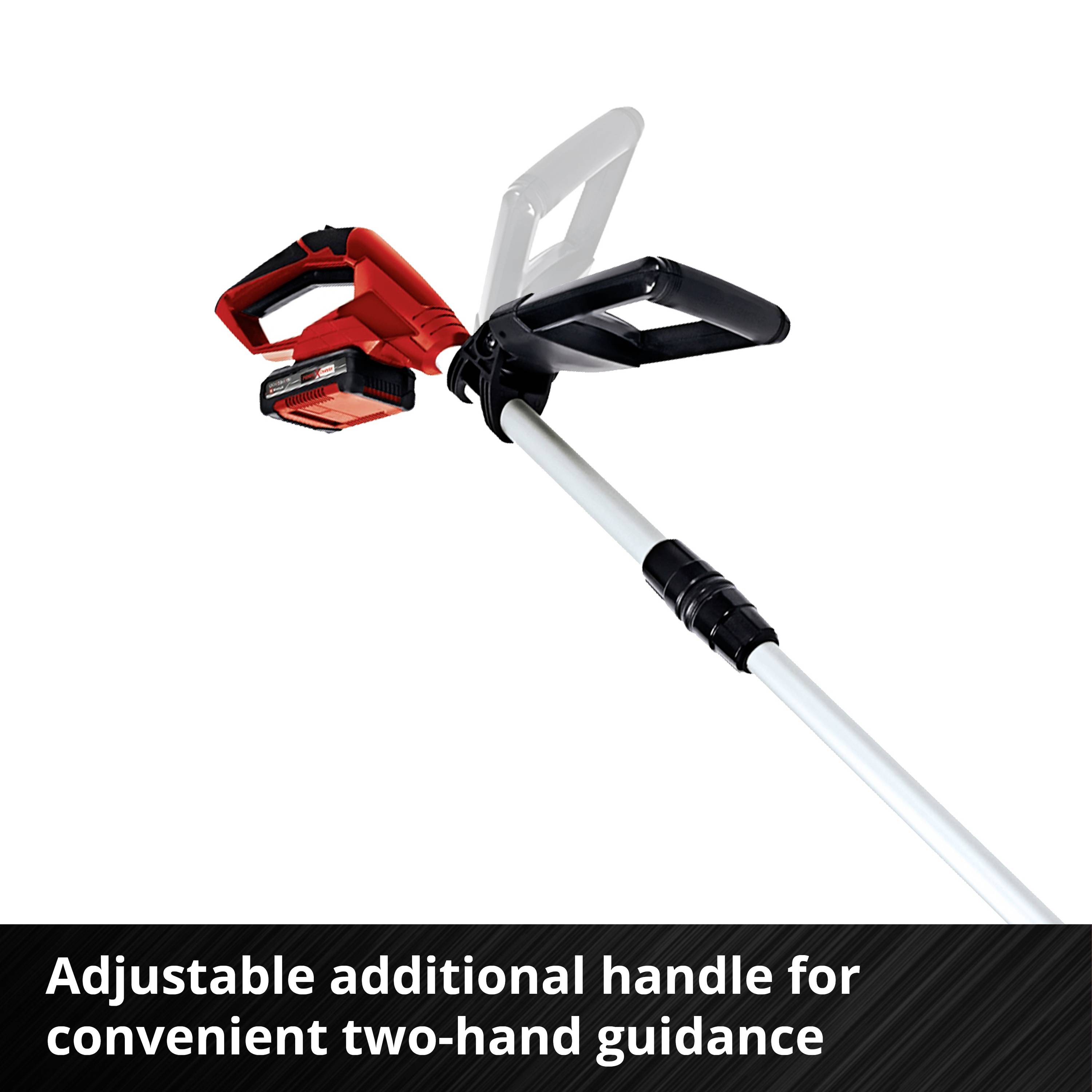 Infinitely adjustable auxiliary handle on a garden tool for comfortable two-handed operation, illustrated with text information.