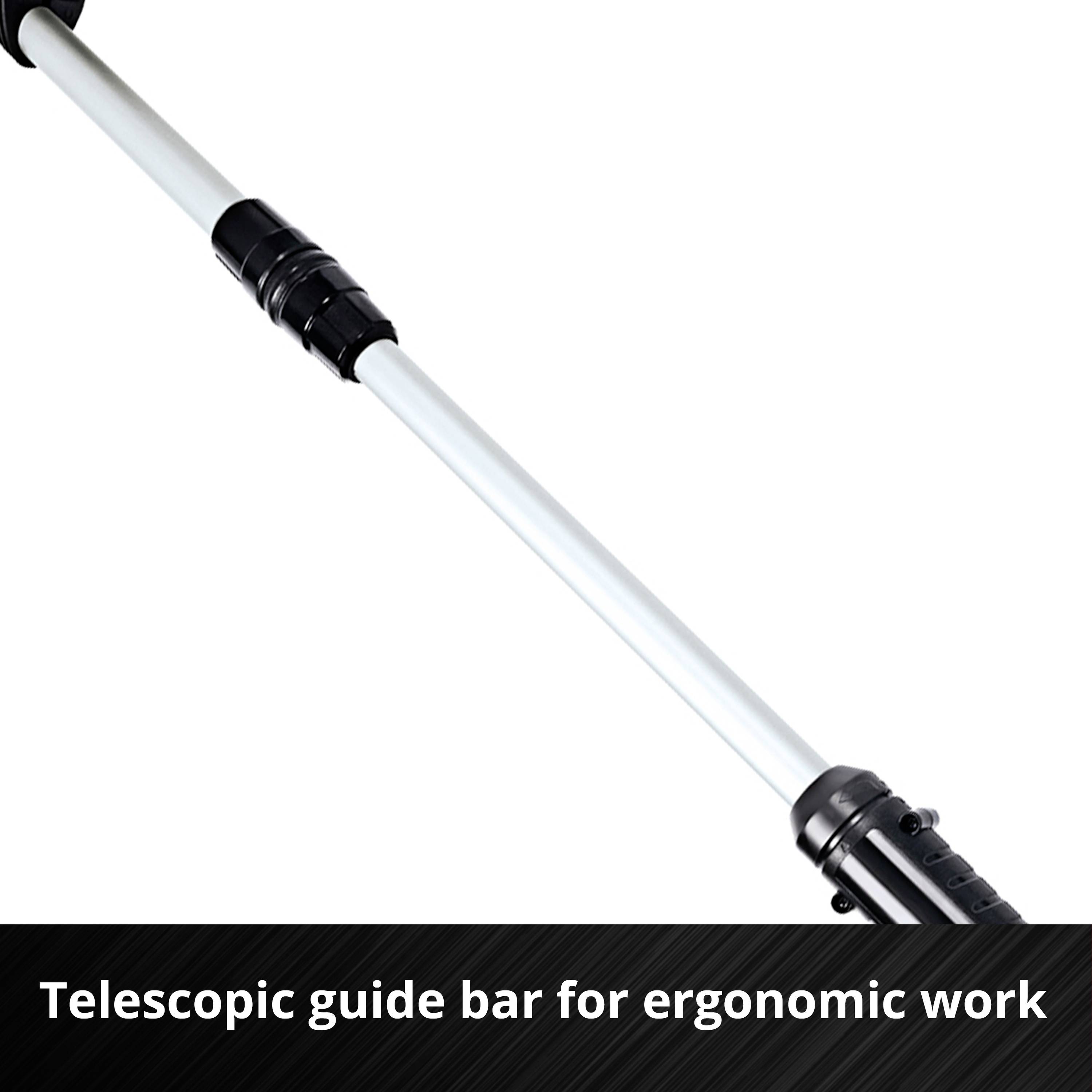 Telescopic guide rail for ergonomic work, black and white, extendable, with handle and locking mechanism.